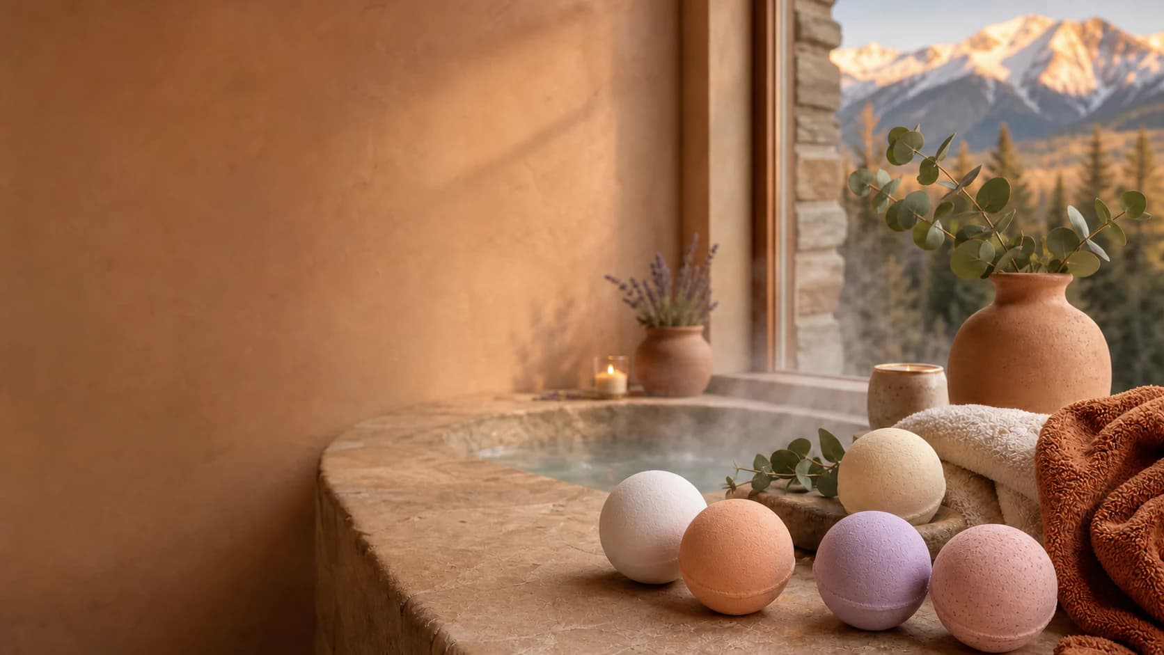 Warm mountain bath scene with five colorful handmade bath bombs