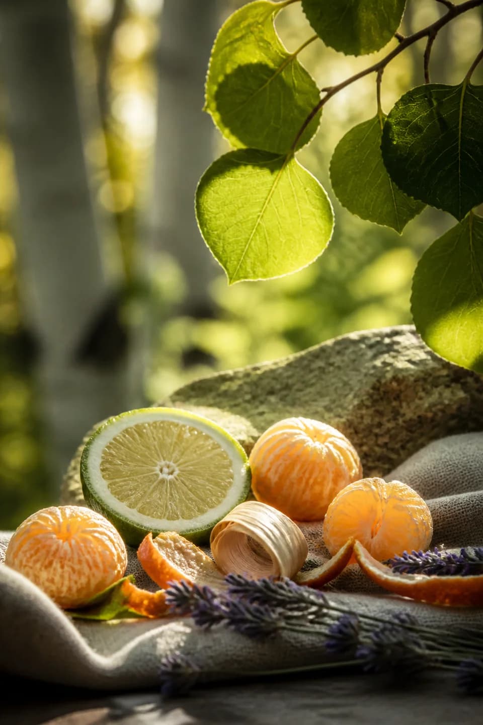 Aspen Grove scent portrait featuring Bergamot, mandarin, lavender, cedarwood