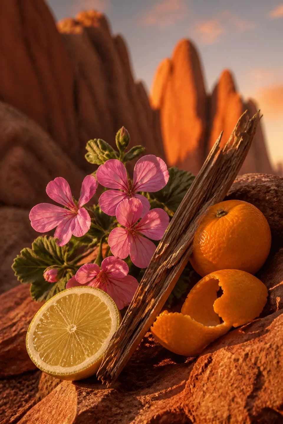 Rose geranium, citrus, and cedarwood against red Colorado stone