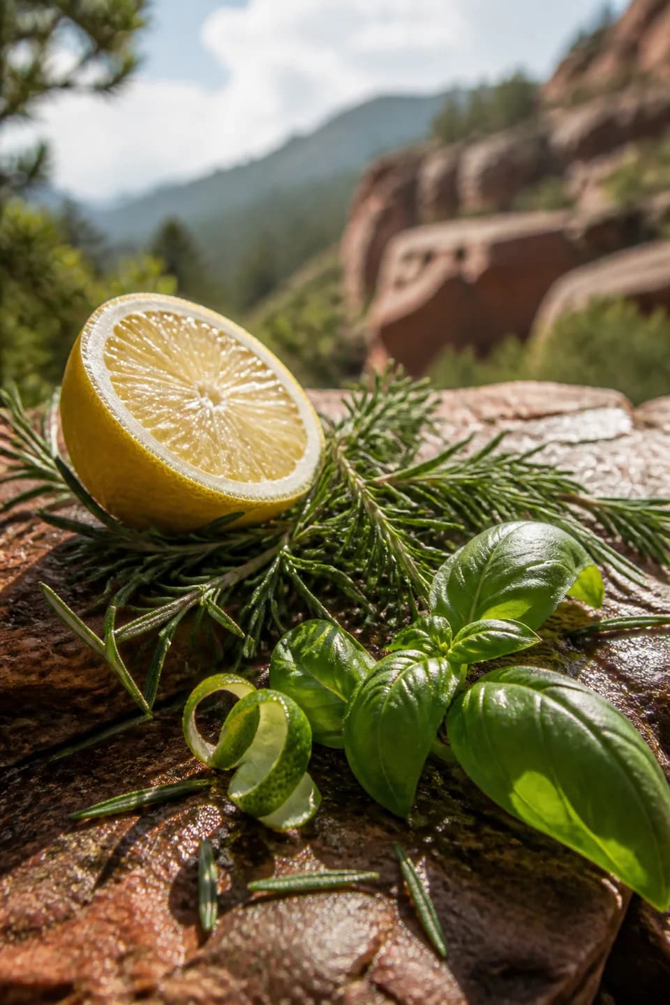 Lemon Rosemary Trail scent portrait featuring Lemon, rosemary, basil, lime