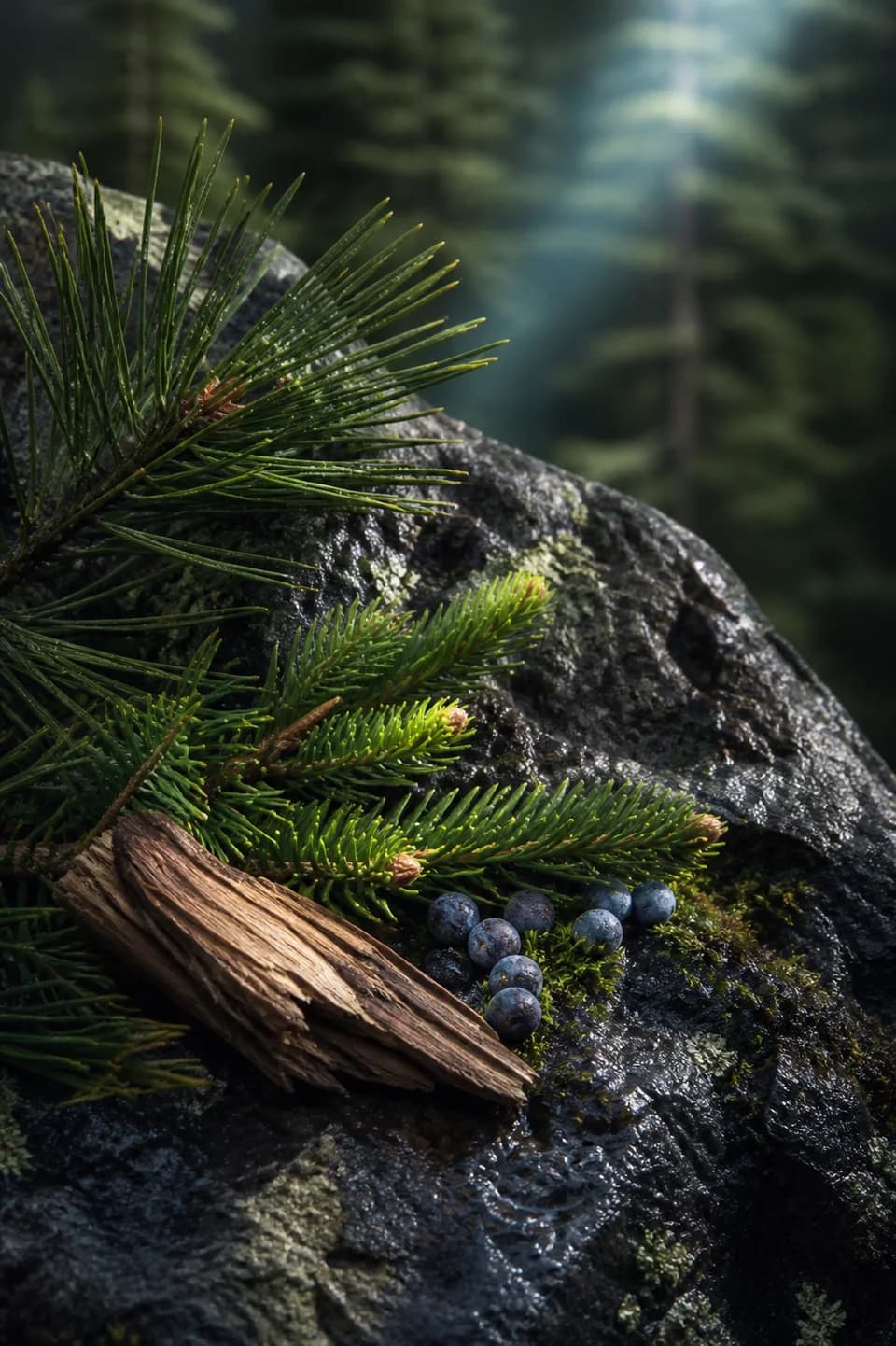 Pine, fir, cedarwood, and juniper on a forest rock