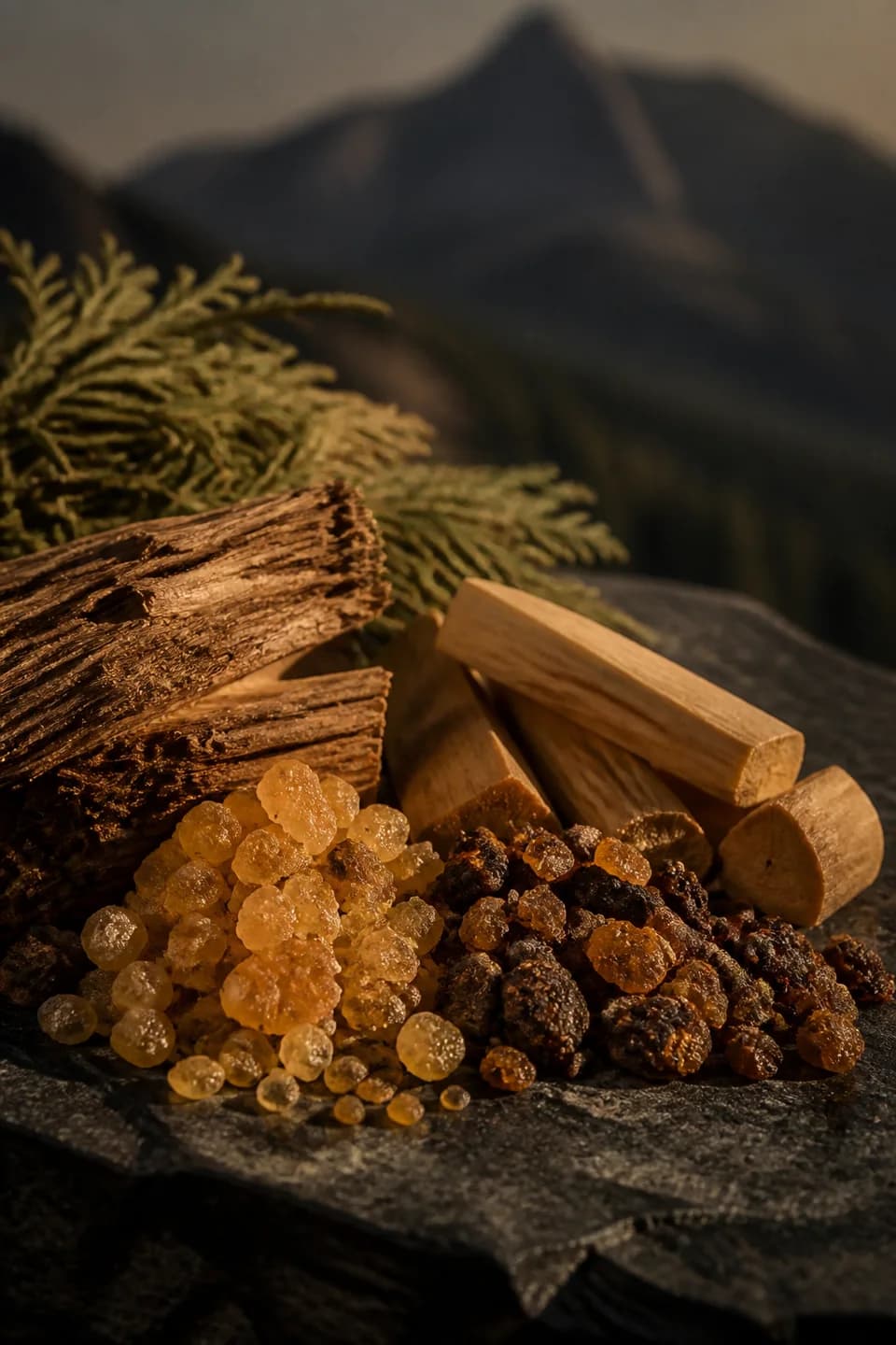 Sacred Woods scent portrait featuring Frankincense, myrrh, cedarwood, sandalwood