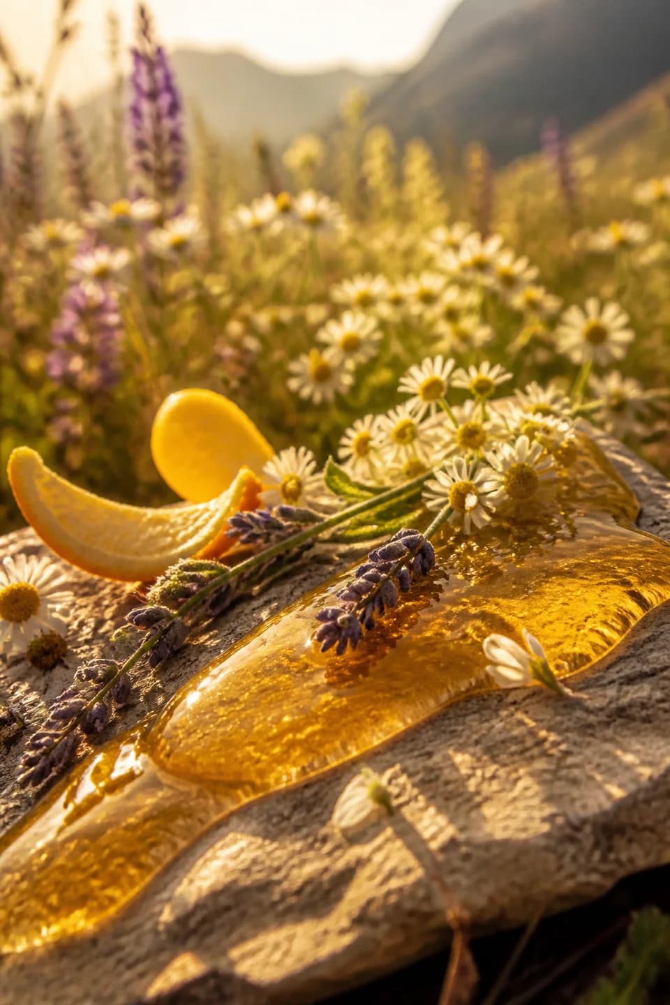 Wildflower Honey scent portrait featuring Honey accord, chamomile, lavender, vanilla, soft orange