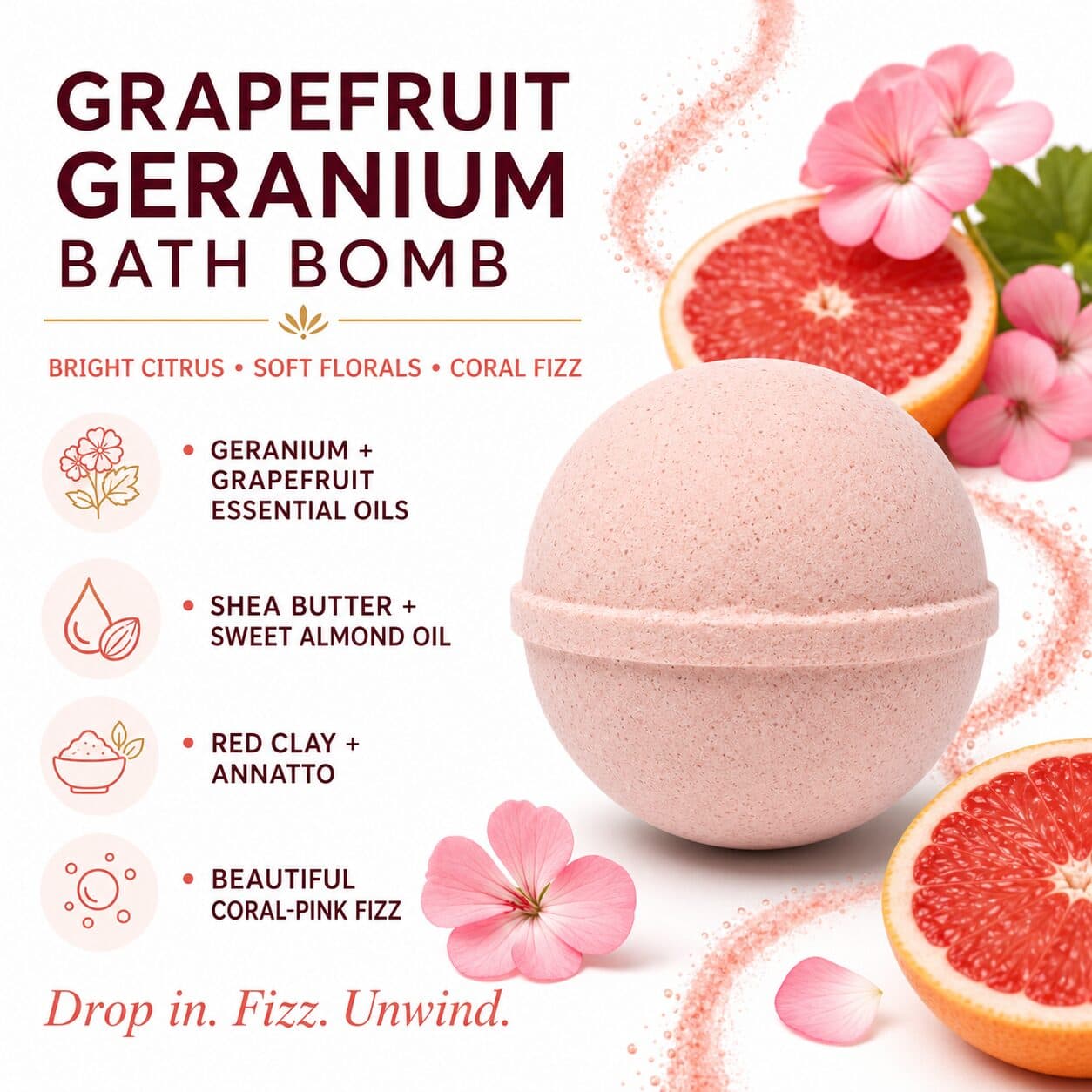 Grapefruit Geranium All Natural Bath Bomb