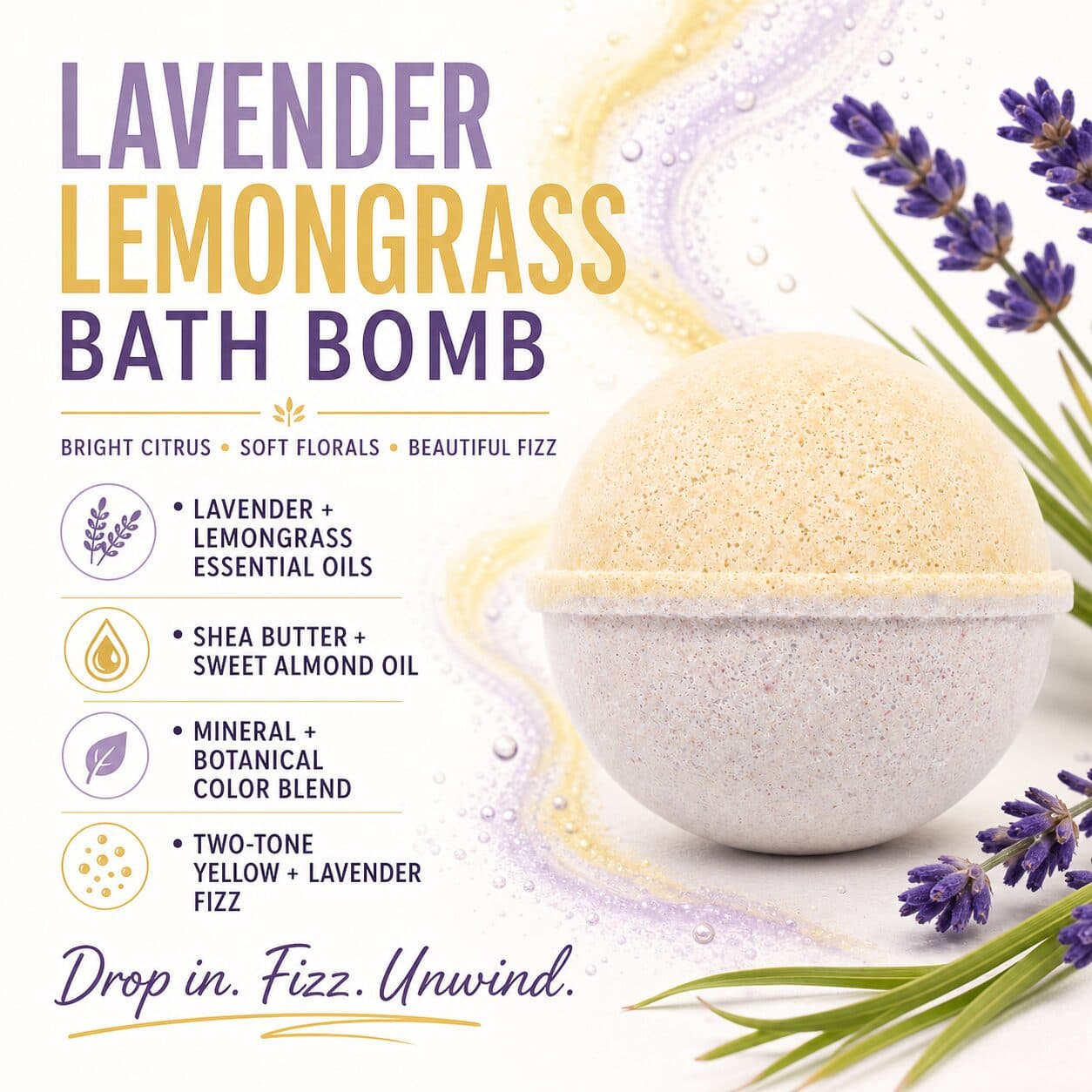 Lavender Lemongrass All Natural Bath Bomb