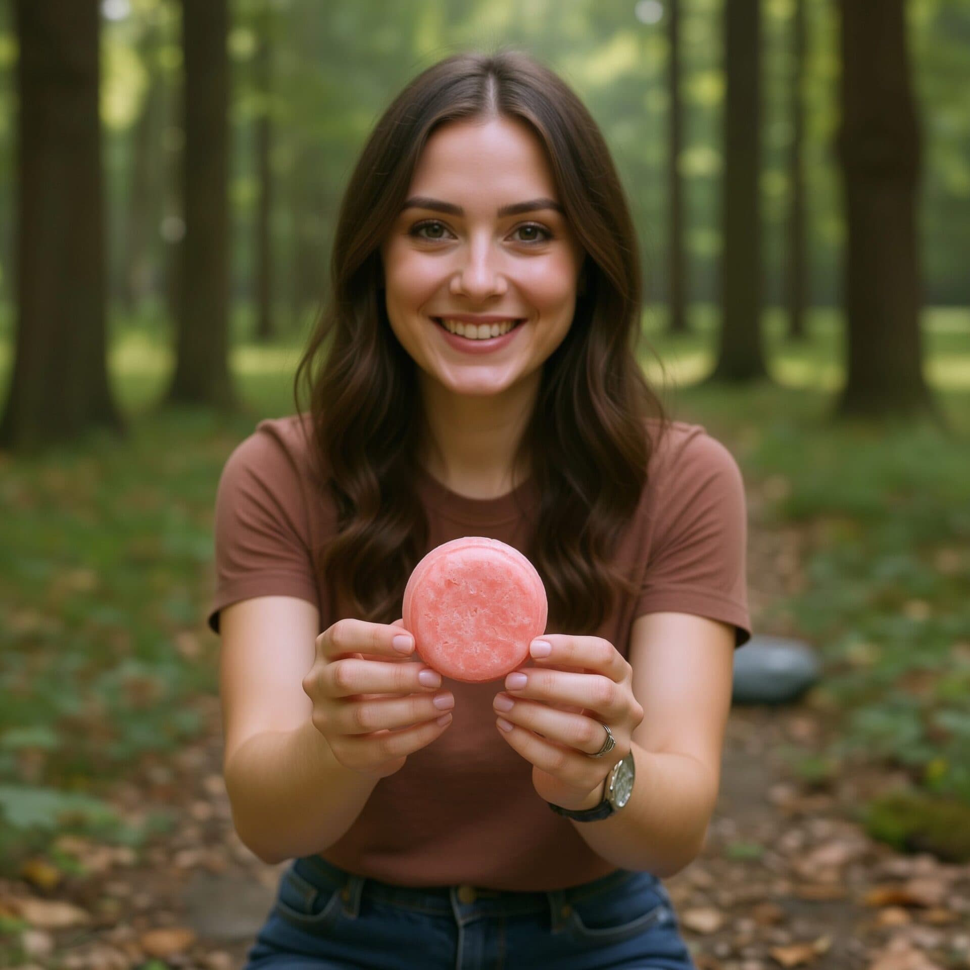 Woman Holding Up Shampoo Bar Camping while Traveling