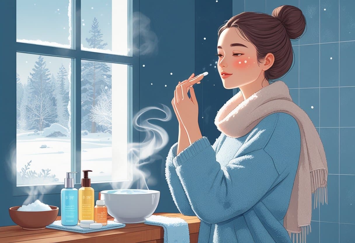 A woman applying moisturizer in a bathroom with snowy windows, surrounded by skincare products on a wooden countertop.