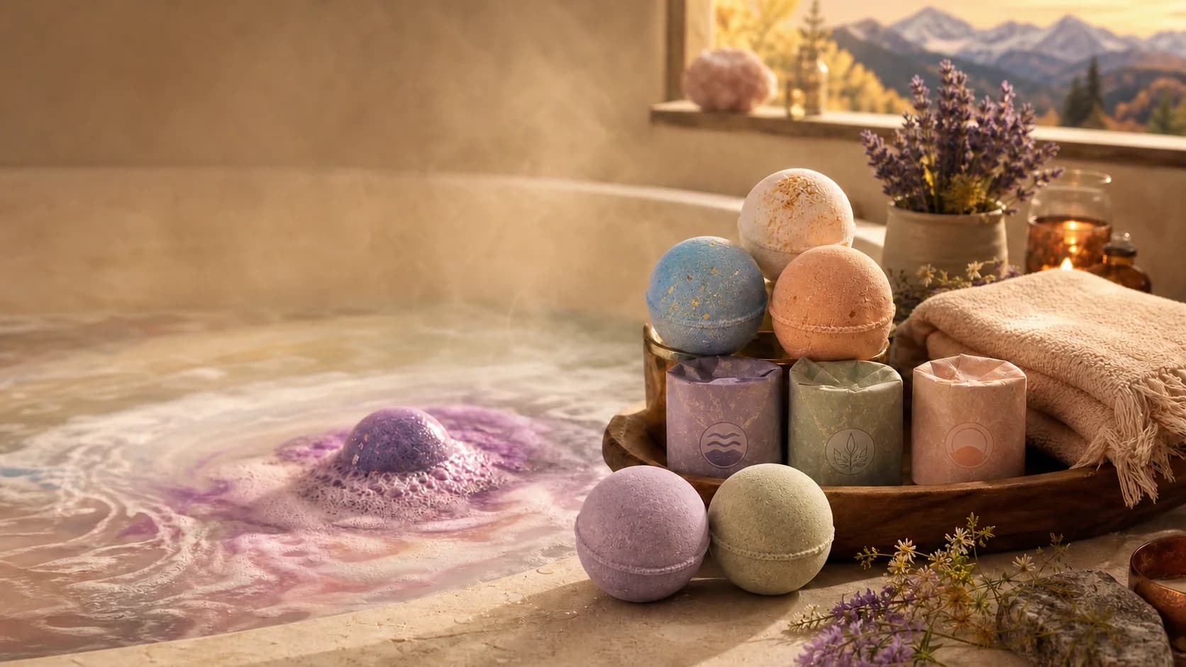 Warm bath scene with colorful handmade bath bombs and fizzing bath water