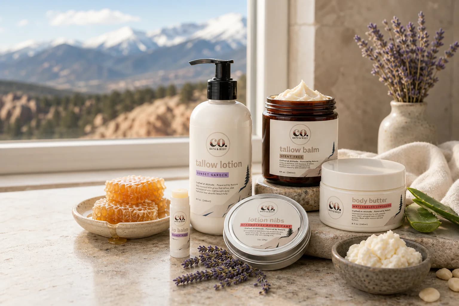 Colorado natural body care routine with tallow lotion balm body butter lip balm and mountain light