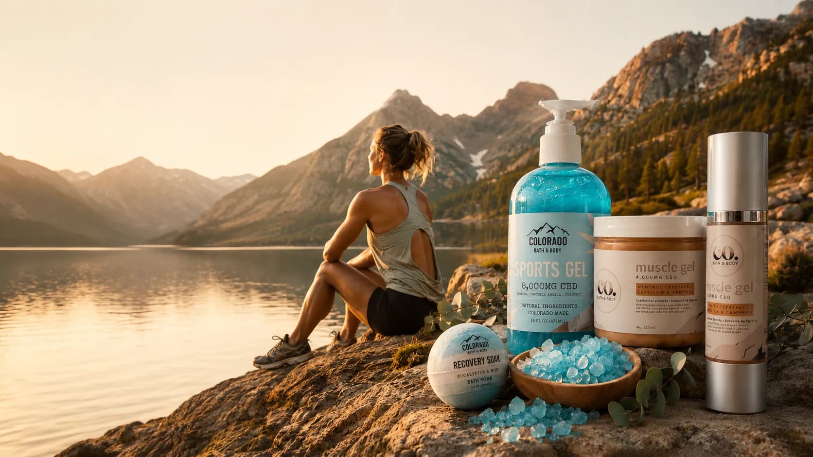 Colorado mountain recovery scene with muscle relief gels, bath salts, and bath bomb
