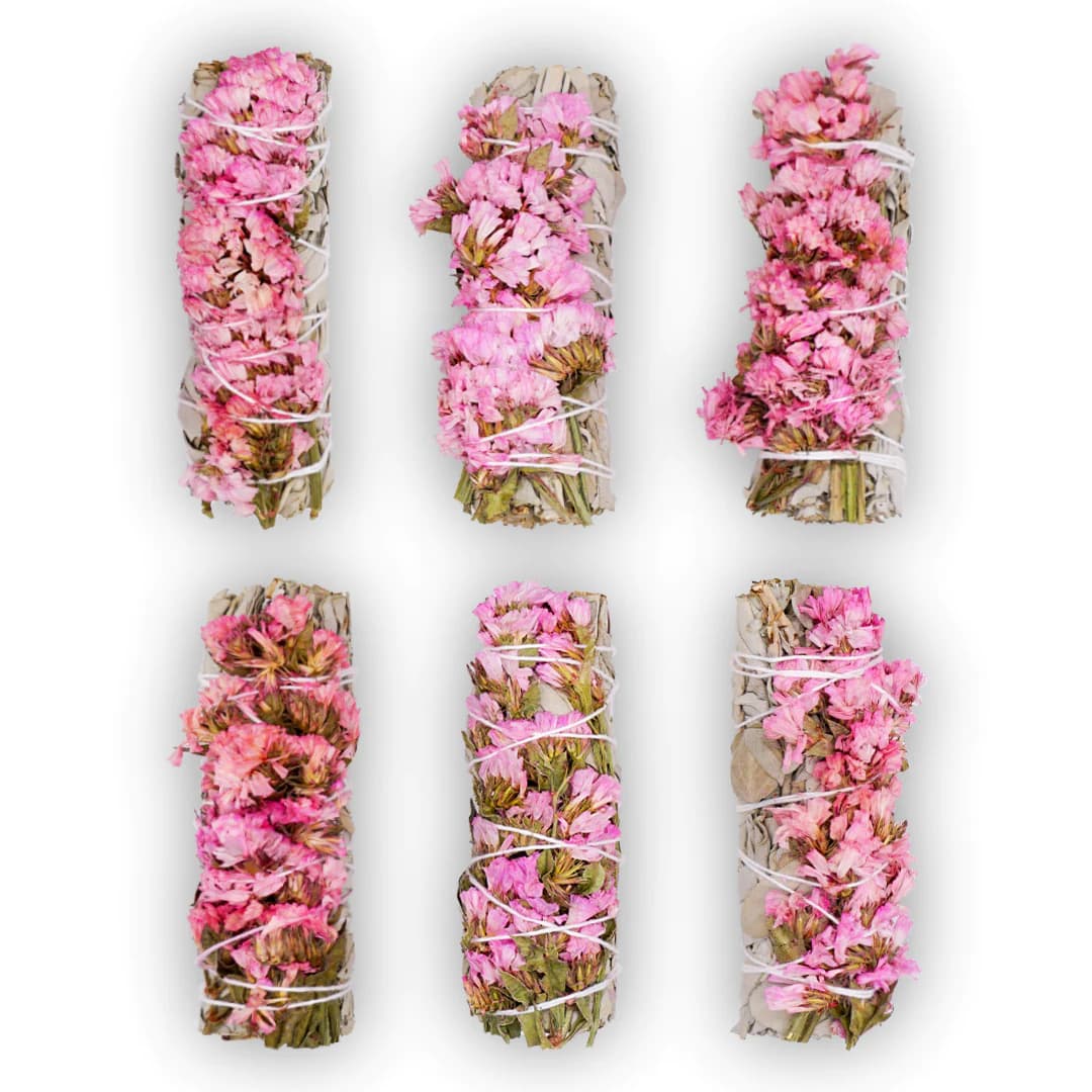 Pink Sinuata Flower White Sage Smudge Stick