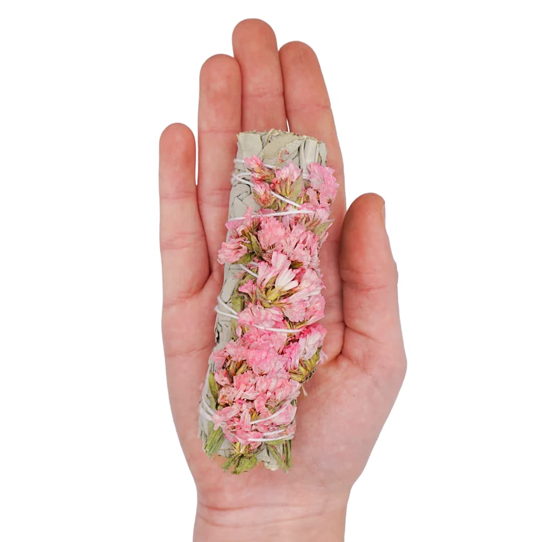 Pink Sinuata Flower White Sage Smudge Stick