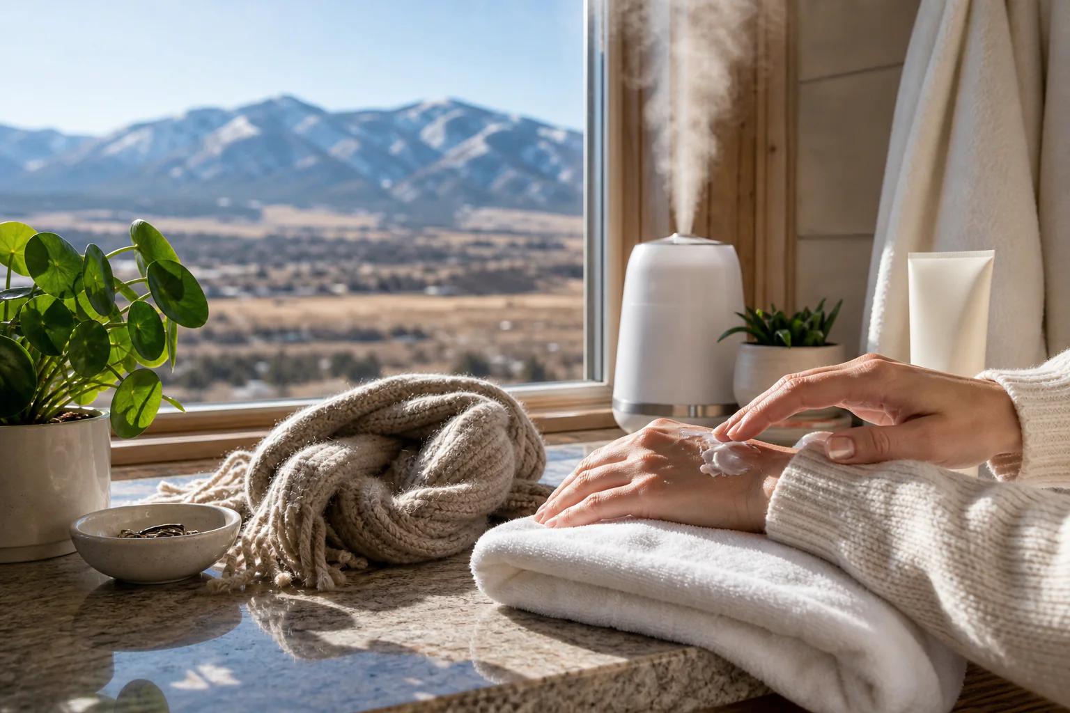 Colorado dry air skin care routine with moisturizer, humidifier, towel, and mountain sunlight