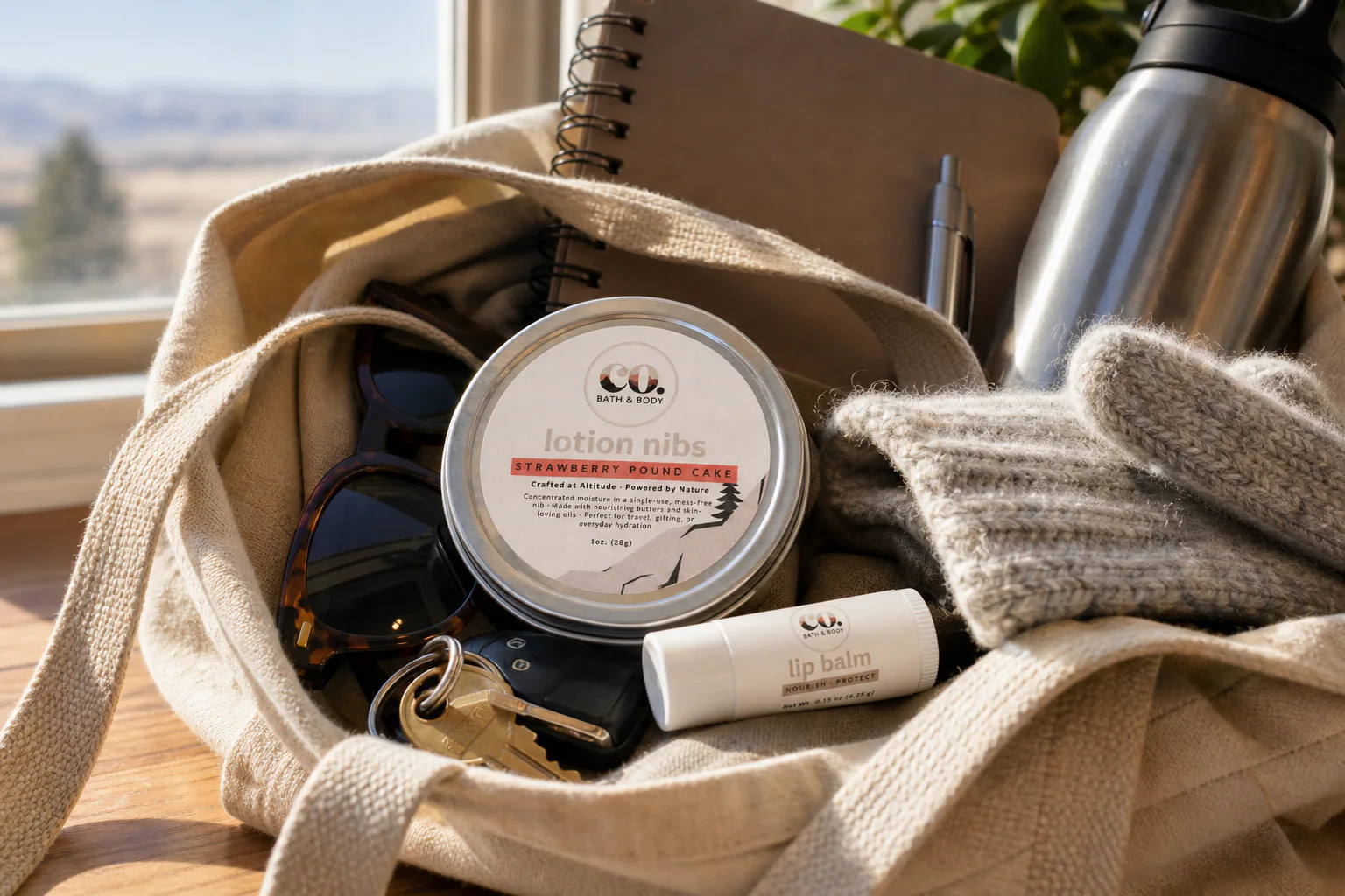 Lotion Nibs and lip balm in a canvas tote for portable Colorado dry skin care